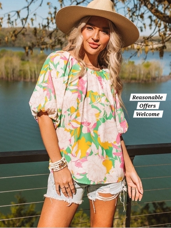 Flying Tomato Tops - Flying Tomato Green Yellow Pink Floral Puff-Sleeve Blouse. NWOT Size Small